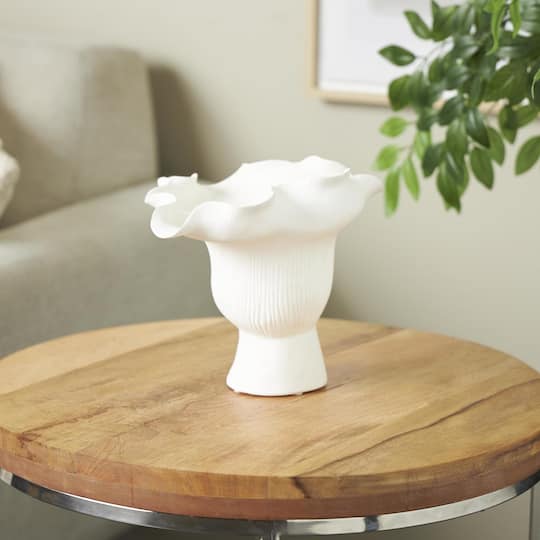 9.75" White Ceramic Abstract Floral Vase with Linear Grooves